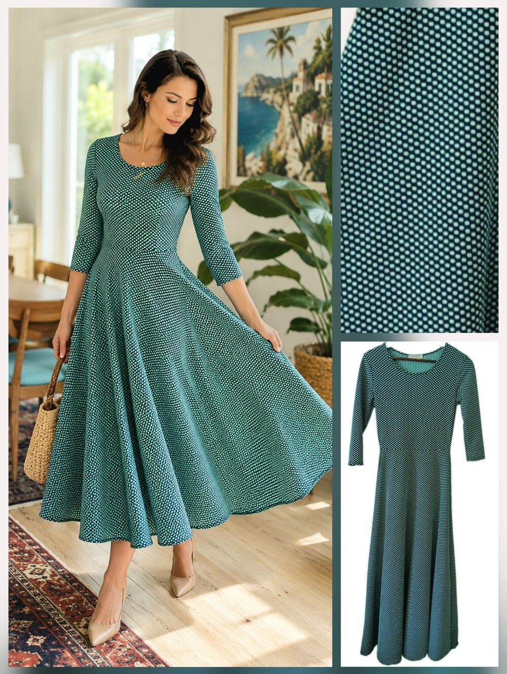 AVITAL Aqua & Black Textured Polka Dot FIT  FLARE Maxi Dress Women's Size XS/S